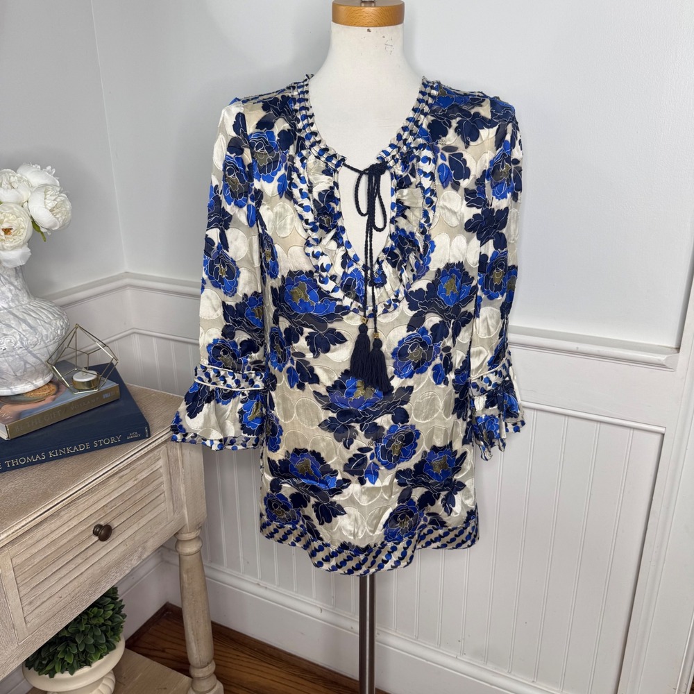 Tory Burch Blue White Floral Silk Burnout Tassel Tunic Top Size 6